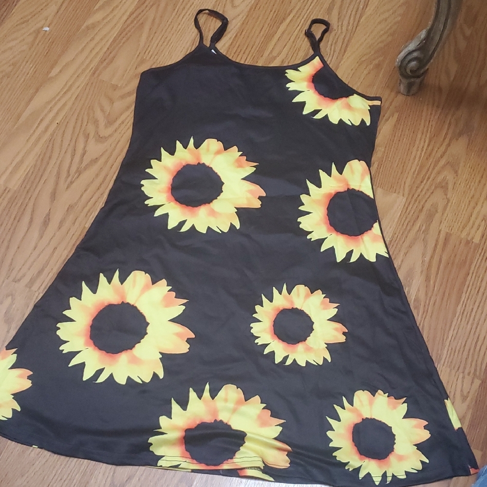 Sunflower Print Black Dress